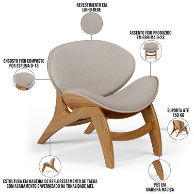 Poltrona Decorativa Orgânica Sala Living Kadosh L02 Linho Bege - Lyam Decor