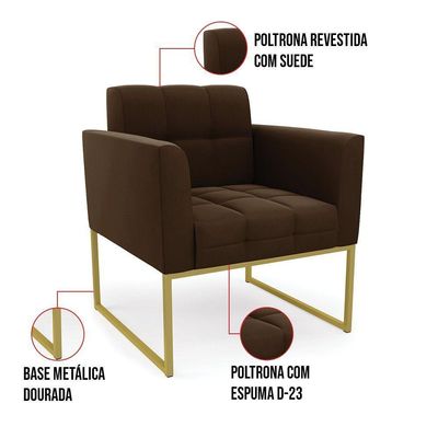 Kit 1 Sofá Namoradeira E 2 Poltronas Elisa Suede Marrom Base Metálica Industrial Dourada D'rossi