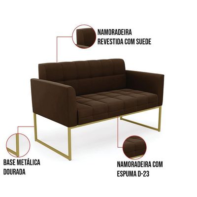 Kit 1 Sofá Namoradeira E 2 Poltronas Elisa Suede Marrom Base Metálica Industrial Dourada D'rossi