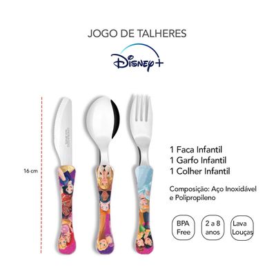 Talheres Infantil Disney Princesas Jogo Garfo Faca Colher 3un