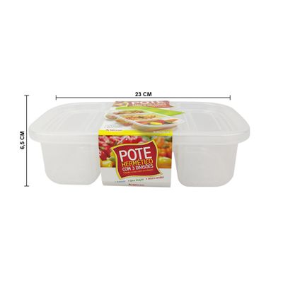 Kit 3 Potes Conservador de Alimentos C/ 3 Divisórias Nitron 1,1L e Tampa P/ Petiscos Plástico Livre de BPA