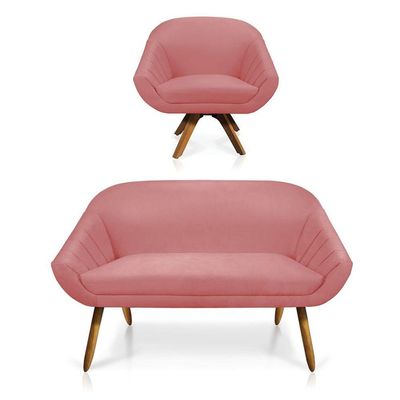 Kit 01 Namoradeira 02 Lugares E 01 Poltrona Giratória Giovana Suede Base Madeira Mm30 D'rossi Rose