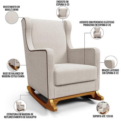Poltrona de Amamentação com Balanço e Puff Mavie L02 Bouclê Creme - Lyam Decor