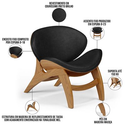 Kit 2 Poltronas Decorativa Orgânica Sala Living Kadosh L02 Couríssimo Preto Brilho - Lyam Decor