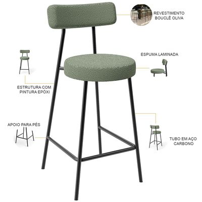Kit 04 Banquetas Baixa Para Cozinha Sala De Jantar Bar Bancada Milão L02 Bouclê Oliva - Lyam Decor