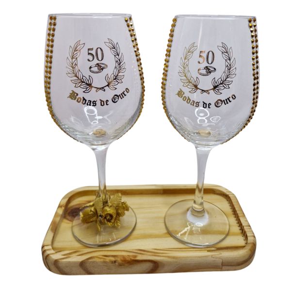 Kit 2 Taças Vidro Bandeja Bodas de Ouro 50 Anos Rosas Luxo
