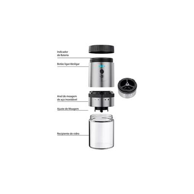 Kit Moedor de Café Elétrico a Bateria Recarregável USB e Coador Reutilizável Inox