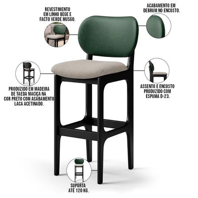 Banqueta Alta Bar Cozinha Sala Jantar Fixa Betta L02 Preto Facto Verde Linho Bege - Lyam Decor