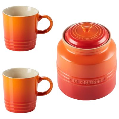 KIT LE CREUSET 2 CANECAS 350ML E POTE DE BISCOITO EM CERÂMICA LARANJA