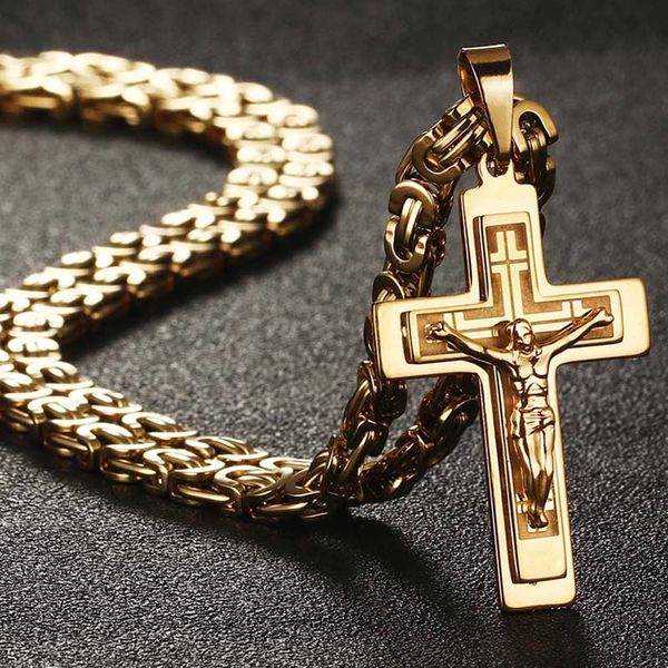Colar de Cruz Longa Bizantina em Aço Inoxidável para Homens 55cm 22polegadas / ouro