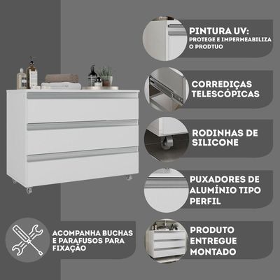 Gabinete Banheiro Rodinhas Joia 80cm 03 Gavetas Branco Inteiro