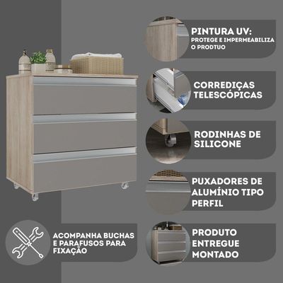 Gabinete Banheiro Rodinhas Joia 60cm 03 Gavetas Madeirado Cinza