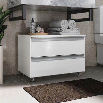 Gabinete Banheiro Rodinhas Joia 60cm 02 Gavetas Branco Inteiro