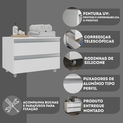 Gabinete Banheiro Rodinhas Joia 60cm 02 Gavetas Branco Inteiro