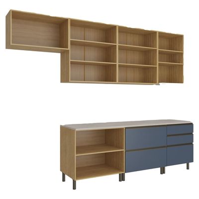 Cozinha Completa Bartira Cristal com 8 Portas, 5 Gavetas, 6 Prateleiras Lâmina de Mel/Azul Royal