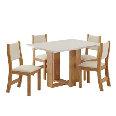 Mesa de Jantar Viero Caiena com 4 Cadeiras Estofadas e Revestidas em Veludo Mel/Blonde/Marfim