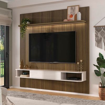 Painel Belluno Artely para TV de até 75 Polegadas com 1 Prateleira e 2 Nichos Pinho Ripado / off white