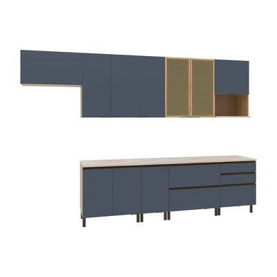 Cozinha Completa Bartira Cristal com 9 Portas, 7 Gavetas, 8 Prateleiras, 1 Nicho Lâmina de Mel/Azul Royal