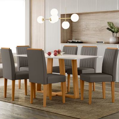 Mesa de Jantar Retangular New Ceval Amsterdam com 6 Cadeiras Estofadas e Revestidas Ypê, Off White e Cappuccino