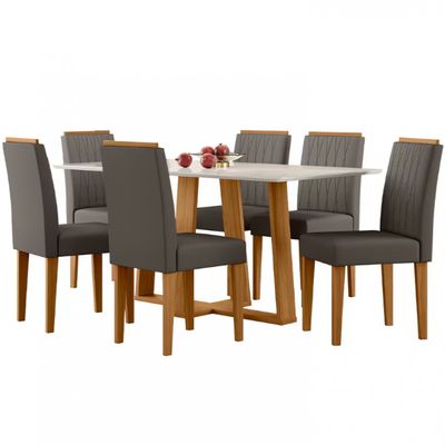 Mesa de Jantar Retangular New Ceval Amsterdam com 6 Cadeiras Estofadas e Revestidas Ypê, Off White e Cappuccino