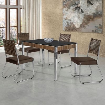Mesa de Jantar Aço Nobre Cláudia com Tampo Kanon e 4 Cadeiras Preto/Nogal/Chocolate/Marrom
