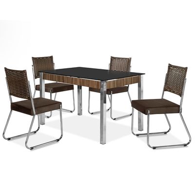 Mesa de Jantar Aço Nobre Cláudia com Tampo Kanon e 4 Cadeiras Preto/Nogal/Chocolate/Marrom