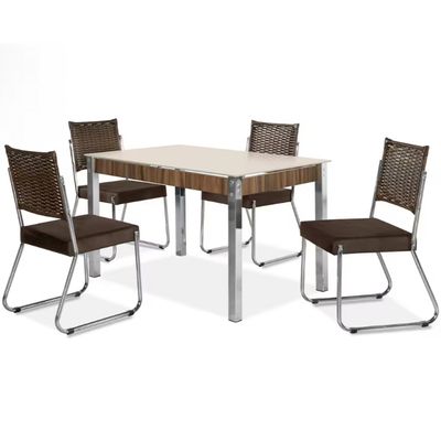 Mesa de Jantar Aço Nobre Claudia com Tampo Kanon e 4 Cadeiras Off White/Nogal/Chocolat/ Marrom