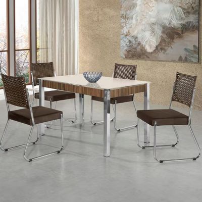 Mesa de Jantar Aço Nobre Claudia com Tampo Kanon e 4 Cadeiras Off White/Nogal/Chocolat/ Marrom