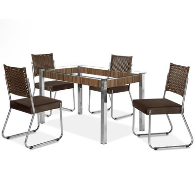 Mesa de Jantar Aço Nobre Cláudia com Tampo Kanon e 4 Cadeiras Nogal/Chocolate/Marrom