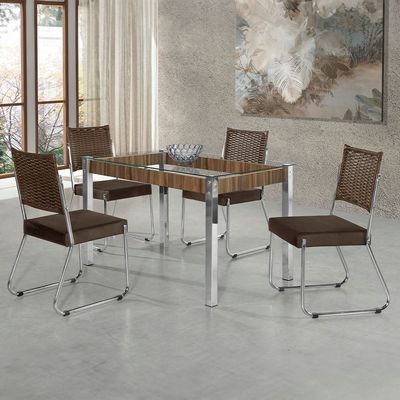 Mesa de Jantar Aço Nobre Cláudia com Tampo Kanon e 4 Cadeiras Nogal/Chocolate/Marrom