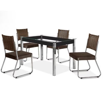Mesa de Jantar Aço Nobre Claudia com Tampo Kanon e 4 Cadeiras Off White/Nogal/Chocolat/ Marrom