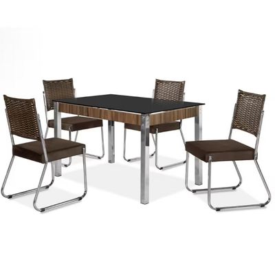 Mesa de Jantar Aço Nobre Claudia com Tampo Kanon e 4 Cadeiras Preto/Nogal/Chocolate/Marrom