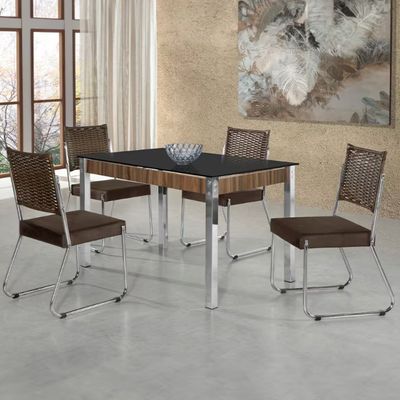 Mesa de Jantar Aço Nobre Claudia com Tampo Kanon e 4 Cadeiras Preto/Nogal/Chocolate/Marrom