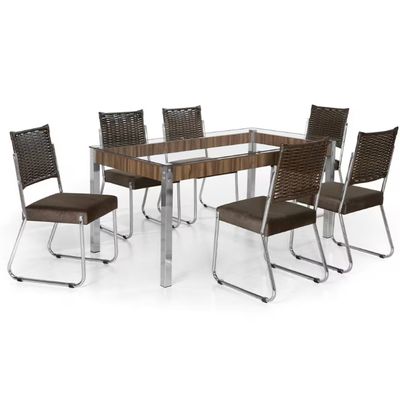 Mesa de Jantar Aço Nobre Claudia com Tampo Kanon e 6 Cadeiras Nogal/Chocolate/Marrom
