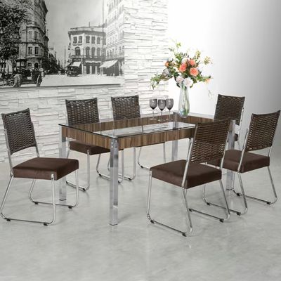 Mesa de Jantar Aço Nobre Claudia com Tampo Kanon e 6 Cadeiras Nogal/Chocolate/Marrom
