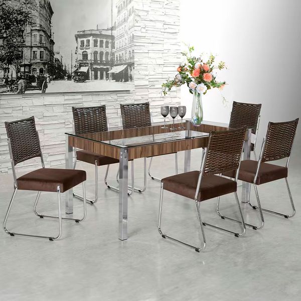 Mesa de Jantar Claudia com Tampo Kanon 6 Cadeiras Aço Nobre Nogal/Chocolate/Marrom