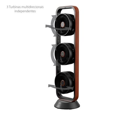 Ventilador de Torre Spirit Robot Triplo 130W com 3 Velocidades, Controle Remoto e Painel Digital com Display LED Preto com Tabaco / 110V
