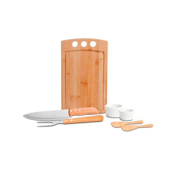 Conjunto Para Churrasco - Petisco Em Bambu - Porcelana - 7 Peças