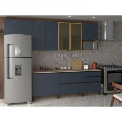 Cozinha Completa Bartira Cristal com 8 Portas, 5 Gavetas, 6 Prateleiras Lâmina de Mel/Azul Royal