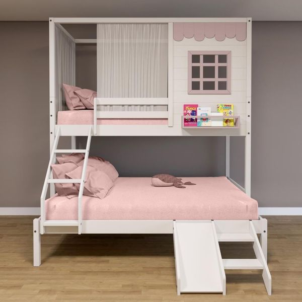 Beliche Casinha Reta Casal/ Solteiro Com 02 Gavetas Escorregador E Cortina Madeira Maciça Branco Housin