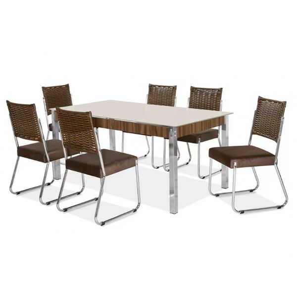 Mesa de Jantar Aço Nobre Claudia com Tampo Kanon e 6 Cadeiras Marrom/Nogal/Chocolate