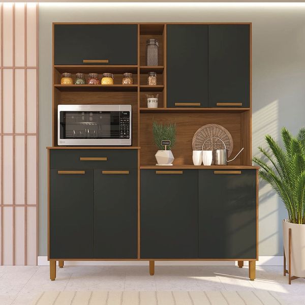 Cozinha Compacta Indekes Braga com 7 Portas e 1 Gaveta 161,5cm de Largura Freijó/Chumbo