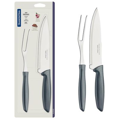 Conjunto Faca Chef e Garfo Trinchante Tramontina Plenus - 2 Peças Inox/Cinza