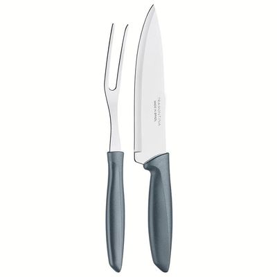 Conjunto Faca Chef e Garfo Trinchante Tramontina Plenus - 2 Peças Inox/Cinza
