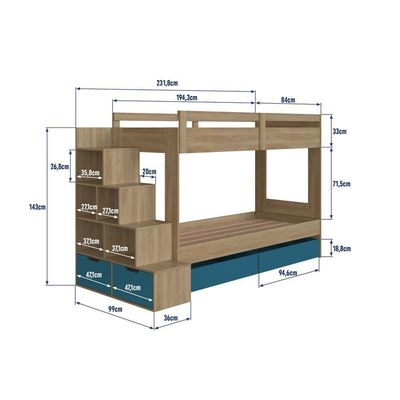 Cama Beliche Infantil Bicama 2,32m Escada Nichos Gavetas Aveiro Oak com Azul