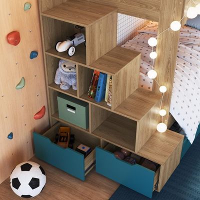 Cama Beliche Infantil Bicama 2,32m Escada Nichos Gavetas Aveiro Oak com Azul