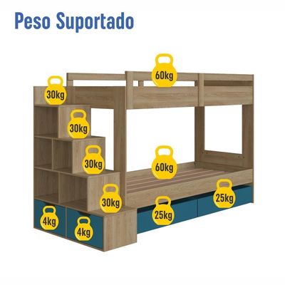 Cama Beliche Infantil Bicama 2,32m Escada Nichos Gavetas Aveiro Oak com Azul