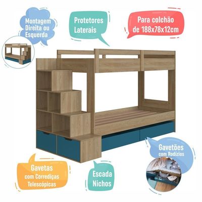 Cama Beliche Infantil Bicama 2,32m Escada Nichos Gavetas Aveiro Oak com Azul