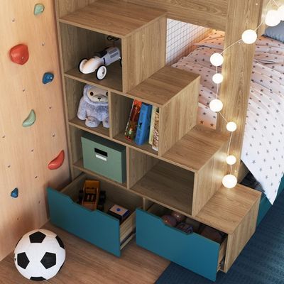 Cama Beliche Infantil Bicama 2,32m Escada Nichos Gavetas Aveiro com Azul