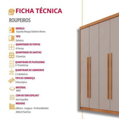 Guarda Roupa Solteiro Heros 4 Portas E 2 Gavetas Moderna Naturalle Off White